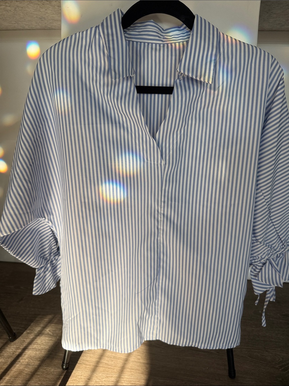 Light Blue & White Striped V-Neck Blouse Size M..NWOT